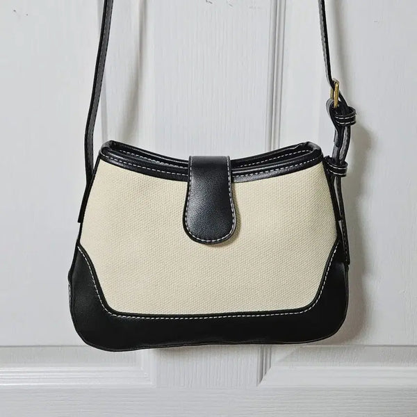 [BUNJANG] Canvas Leather Colorblock Stitch Shoulder Bag / 캔버스 레더 블랙 숄더백 배색 스티치 검정 가방 가죽