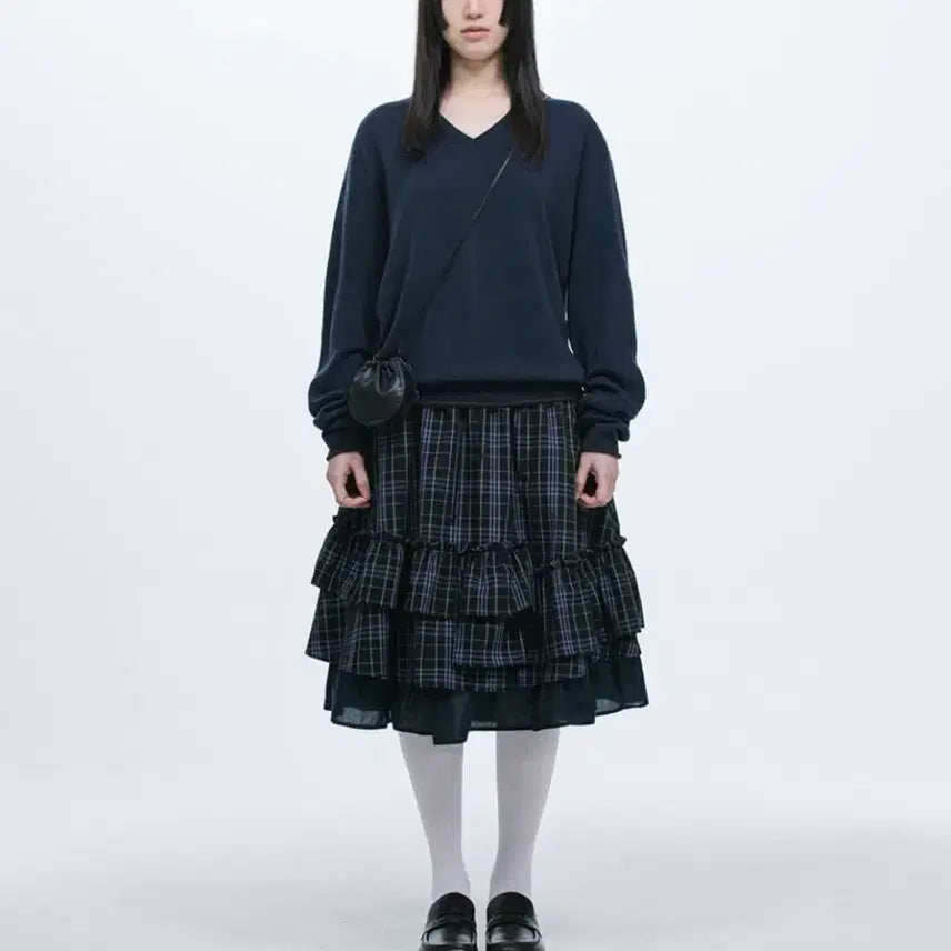[BUNJANG] OHEHSIAO Check Frill Midi Skirt Navy / 오헤시오 체크 프릴 미디 스커트