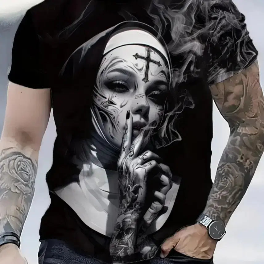 [BUNJANG] Nun Tattoo Printing Short Sleeve T-Shirt Black / 수녀 타투 프린팅 반팔 티셔츠 블랙