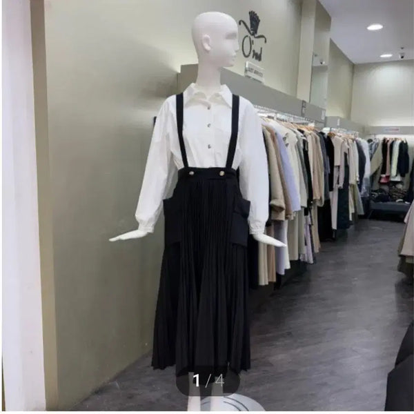 [BUNJANG] Oznececon Bib Pleated Long Skirt Black / 오즈세컨 멜빵 플리츠 롱 스커트 블랙 66사이즈 새상품