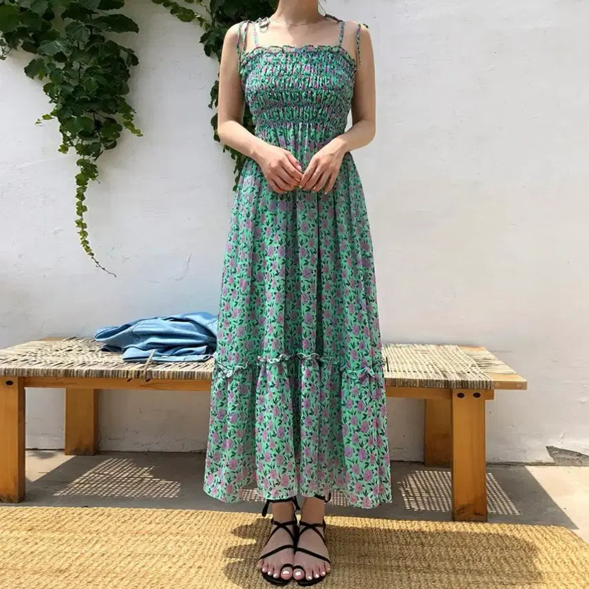 [BUNJANG] Imvely Sherbet Flower Smocked Long Dress / 오늘만 세일) 새상품) 임블리 셔벗플라워 스모크 롱원피스