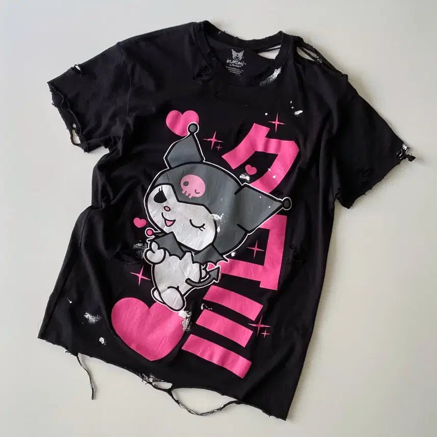[BUNJANG] Kuromi Distressed Painting Short Sleeve T-Shirt / 쿠로미 디스트로이드 페인팅 반팔티