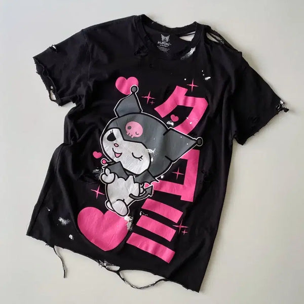 [BUNJANG] Kuromi Distressed Painting Short Sleeve T-Shirt / 쿠로미 디스트로이드 페인팅 반팔티