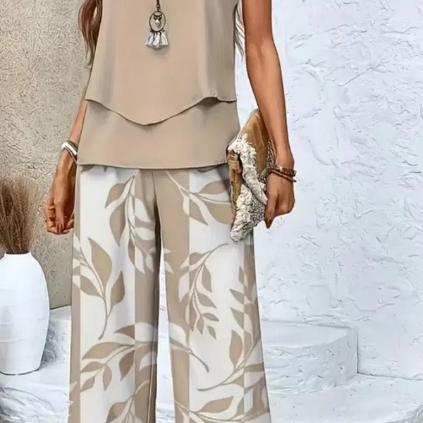 [BUNJANG] Beige Leaf Pattern Two-Piece Set / 베이지 투피스 잎사귀 패턴 와이드 팬츠 세트