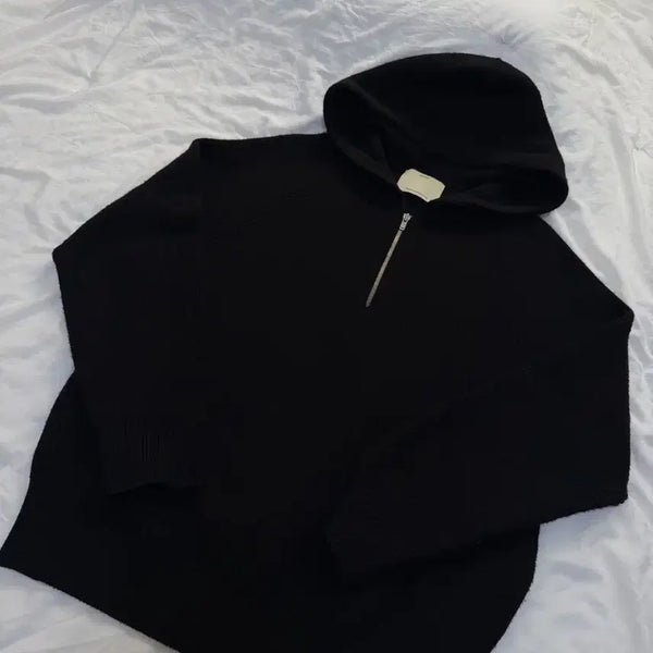 [BUNJANG] Pottery Merino Wool Hooded Half Zip-Up Knit Black Size 1 / 포터리 메리노 울 후디드 하프 집업 니트 블랙 1