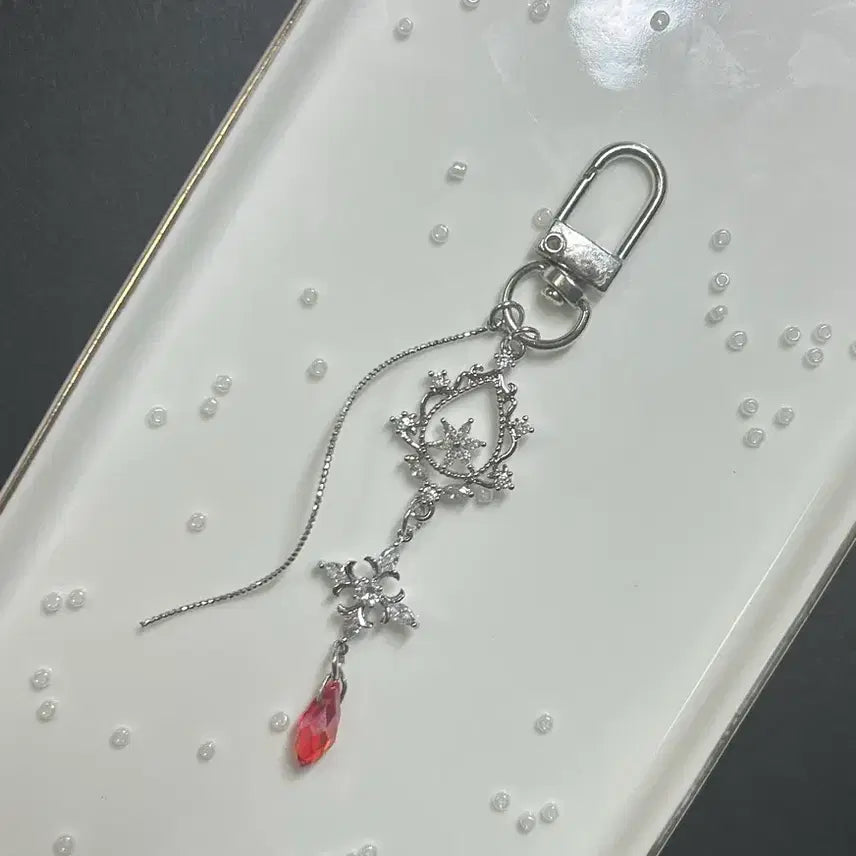[BUNJANG] Handmade Red Petal Night Keyring with Silver Cubic Charm / [핸드메이드/수공예] 붉은 꽃잎의 밤 키링