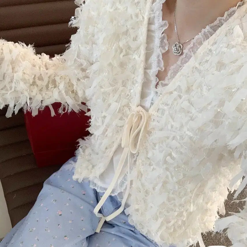 [BUNJANG] Bycinii Lace Tassel Cardigan Cream / 바이씨니  제작레이스수술가디건( 크림)- 새상품