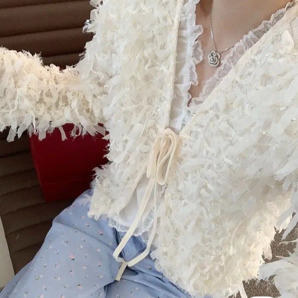 [BUNJANG] Bycinii Lace Tassel Cardigan Cream / 바이씨니  제작레이스수술가디건( 크림)- 새상품