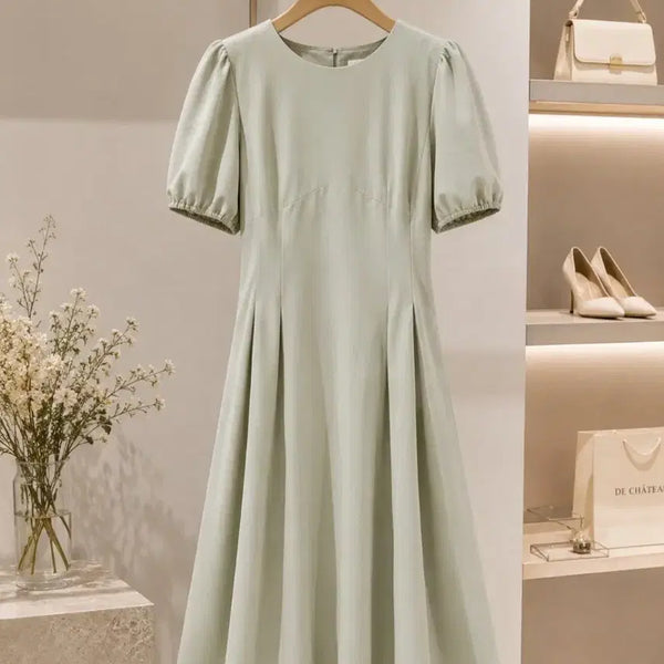 [BUNJANG] Puff Sleeve A-Line Long Dress with Back Strap / 퍼프 슬리브 A라인 롱 원피스 / 백스트랩 / 여행룩 데이트룩 (새상품)