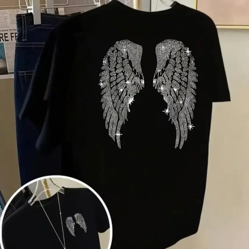 [BUNJANG] Black Short Sleeve T-Shirt Angel Wing Printing / 블랙 반팔 티셔츠 천사 날개 프린팅