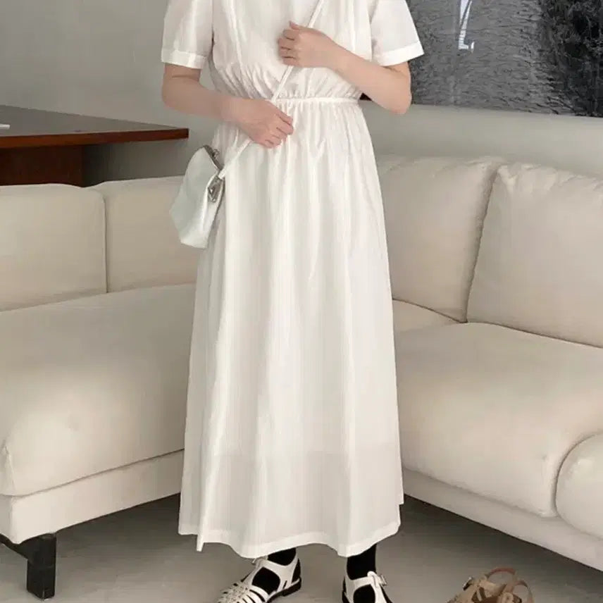 [BUNJANG] White Long Puff Sleeve Dress / 화이트 롱 원피스 퍼프 반팔