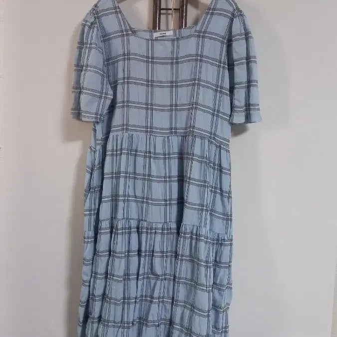 [BUNJANG] Light Blue Check Square Neck Long Dress (Size 77-88) / 연하늘색 체크 스궤어넥 롱원피스 77~88