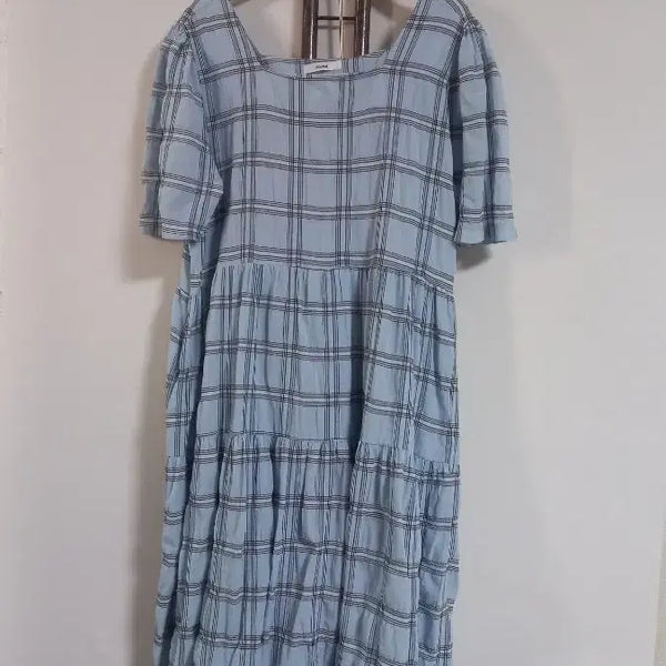 [BUNJANG] Light Blue Check Square Neck Long Dress (Size 77-88) / 연하늘색 체크 스궤어넥 롱원피스 77~88