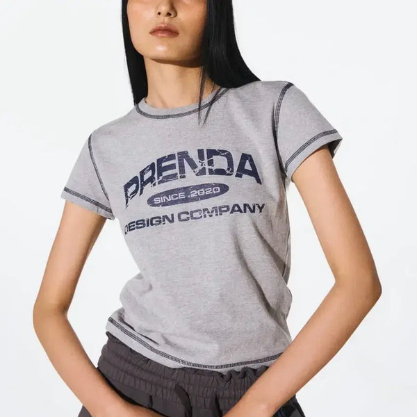 [BUNJANG] PRENDA Stitch Short Sleeve T-Shirt - Gray / 프렌다 라인 스티치 반팔 티셔츠 그레이