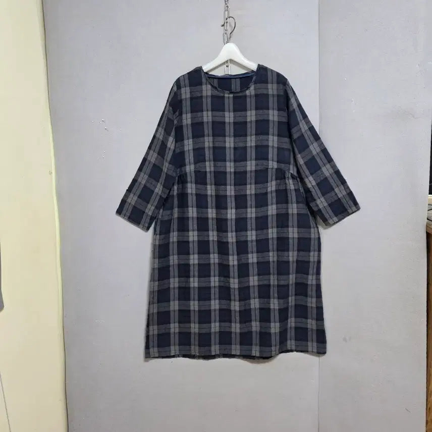 [BUNJANG] 8-Sleeve Checked Linen Dress Navy Mixed Color / 8부소매 체크린넨 원피스 FF  n5706