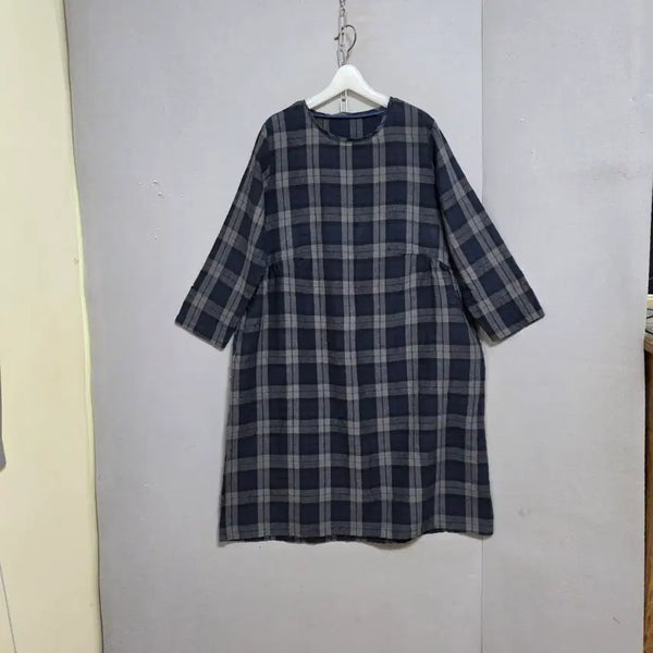 [BUNJANG] 8-Sleeve Checked Linen Dress Navy Mixed Color / 8부소매 체크린넨 원피스 FF  n5706