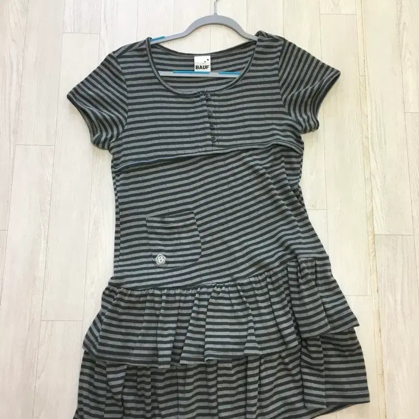 [BUNJANG] Bauff Button Frill Dress Stripe Charcoal / 바우프 버튼 프릴 원피스 스트라이프 차콜