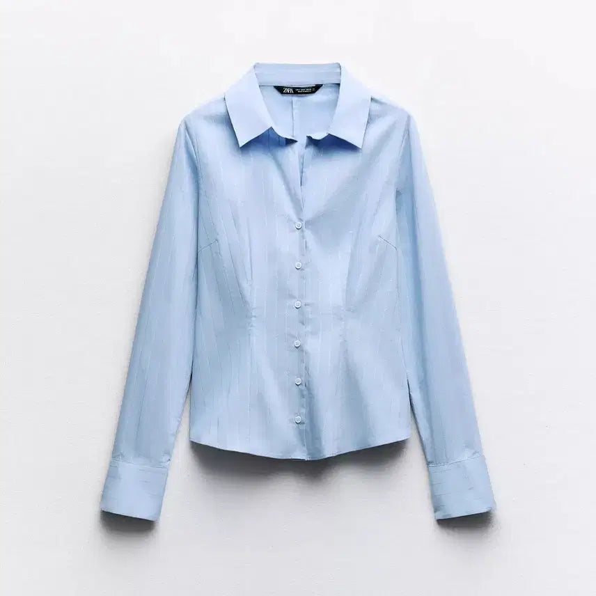 [BUNJANG] ZARA Metallic Yarn Stripe Tight Fit Shirt / 자라 메탈릭 얀 스트라이프 타이트핏 셔츠