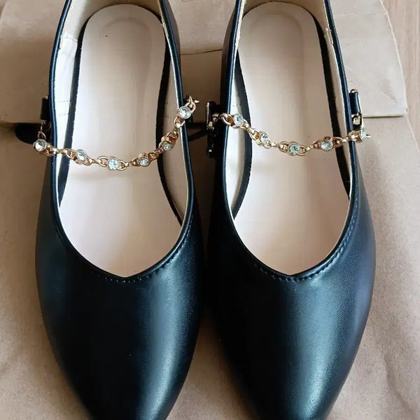 [BUNJANG] Black Mary Jane Shoes with Chain and Jewel Embellishment / 블랙 착한 구두 체인 장식