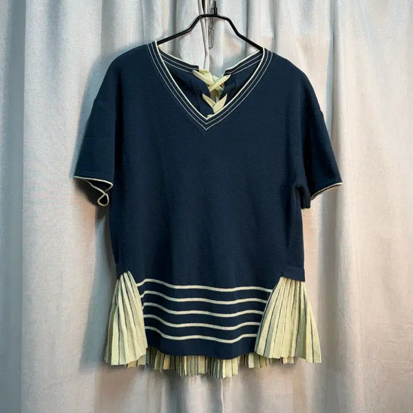 [BUNJANG] O'2nd Peacock Green Ribbon Pleats Short Sleeve Summer Knit Top (Free Size) / [Free] 한섬 오즈세컨(O'2nd) 백 리본 플리츠 반팔 여름니트