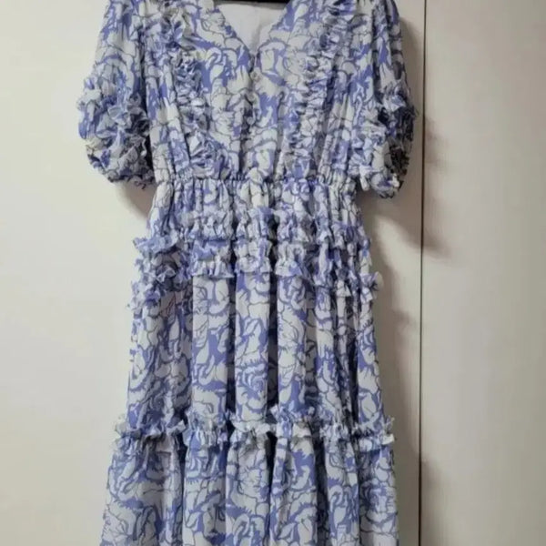 [BUNJANG] Flower Ruffle Tiered Dress Sky Blue / 플라워 프릴 캉캉 원피스 하늘색