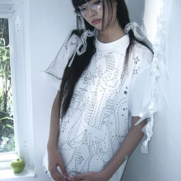 [BUNJANG] SCULTURE Lily Anime Graphic T-Shirt (White, M) / SCULTURE 미소녀 백합 레이스 티셔츠 (새상품)