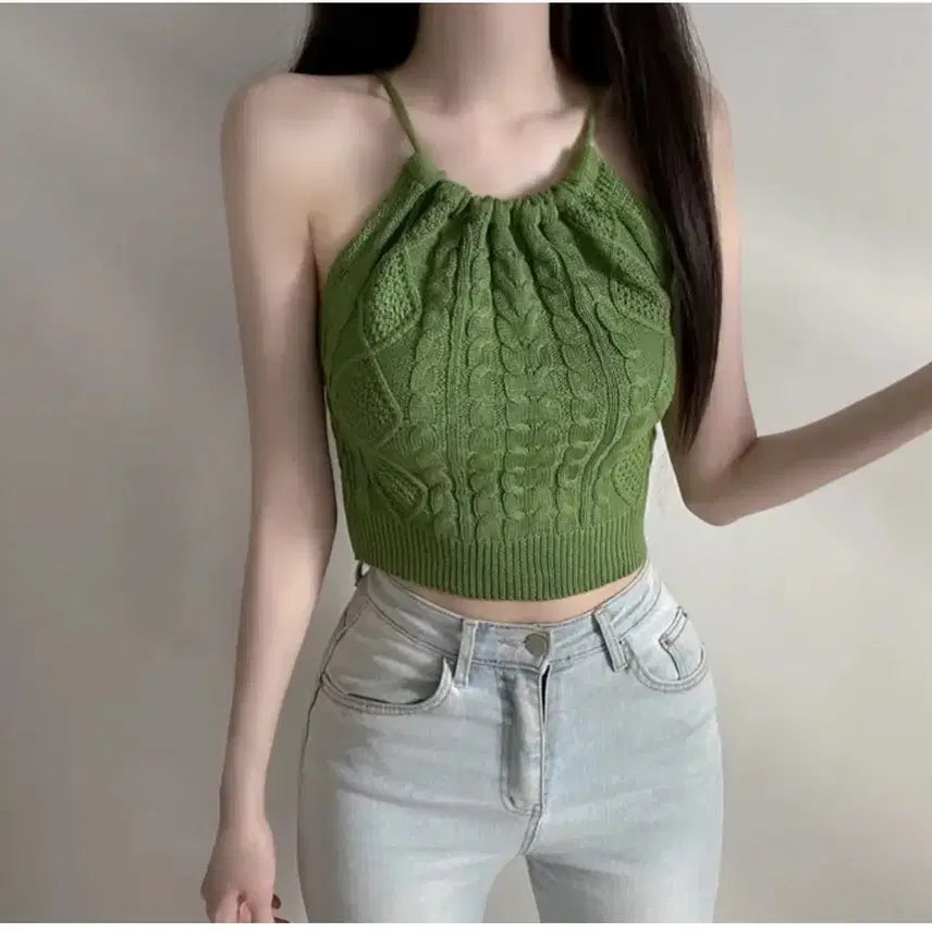 [BUNJANG] Halterneck Knit Tank Top - Green / 새상품) 홀터넥 니트 백트임 나시 그린