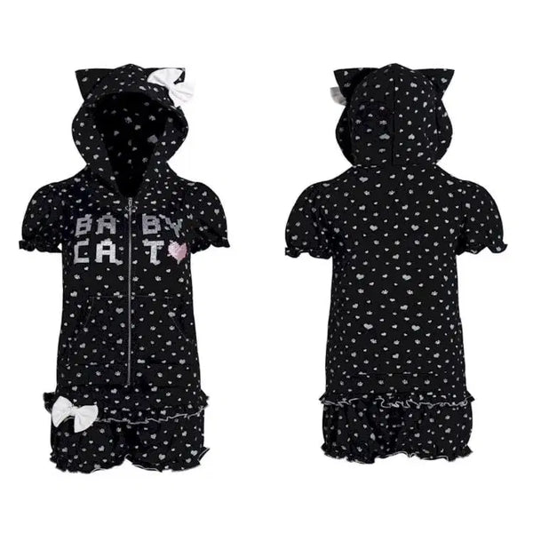 [BUNJANG] HBreaker Baby Cat Half Sleeve Hoodie Zip-Up (Black, L) / HBreaker 고양이 귀 반팔 후드 집업 상의 판매합니다