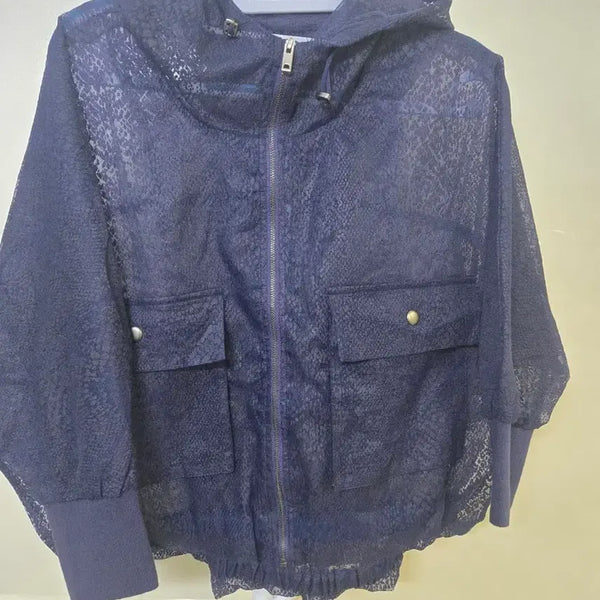 [BUNJANG] Navy Lace Hooded Zip-Up Jacket / 네이비 레이스 후드 집업 자켓