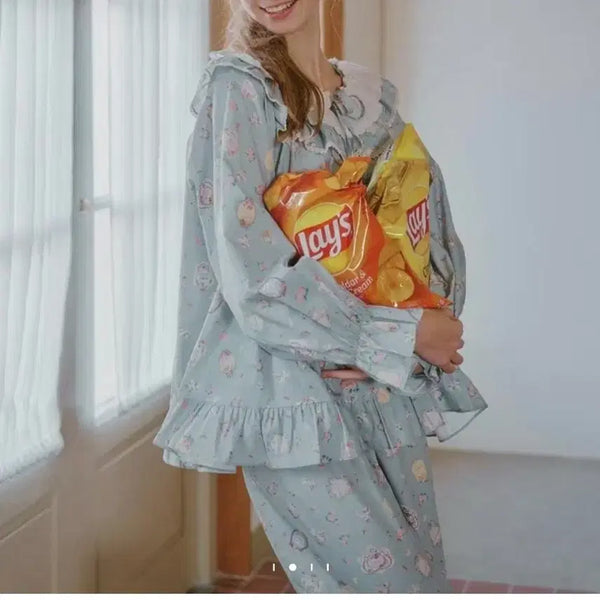 [BUNJANG] Woolala Pajamas Pomelo Long Sleeve Two-Piece Set Baby Blue / 울랄라 파자마 포멜로 긴팔 투피스