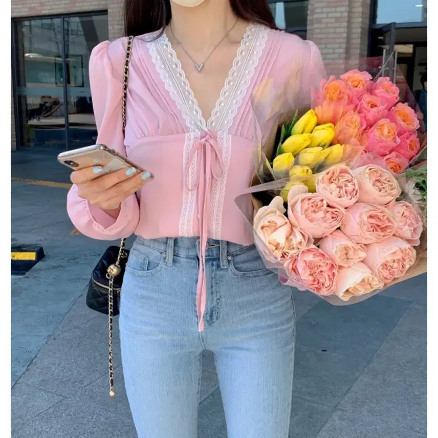 [BUNJANG] Modern Robe Sweet Pintuck Lace Blouse - Pink / 새상품) 모던로브 스윗 핀턱 레이스 블라우스 핑크