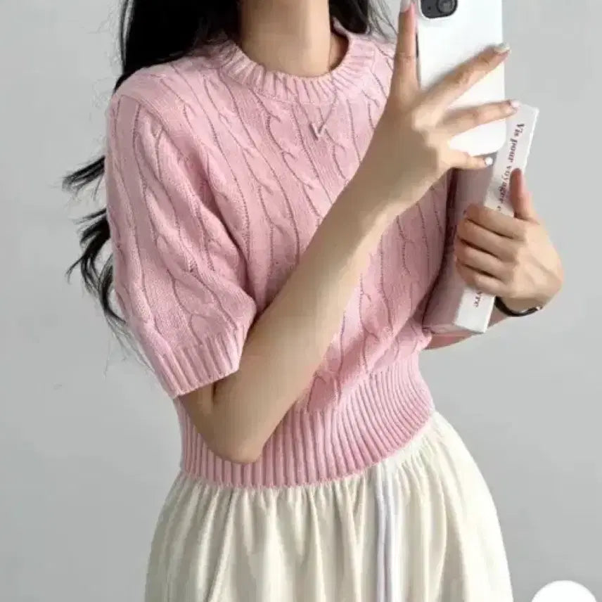[BUNJANG] Cropped Cable Knit Short-Sleeve Sweater Pastel Pink / 여름 꽈배기 니트 파스텔 핑크