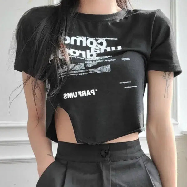 [BUNJANG] Letterin Asymmetrical Shoulder Pad Crop T-Shirt Black / 레터린 언발 숄더패드 크롭 티셔츠 블랙