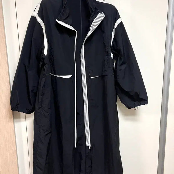 [BUNJANG] Jepyeong Smith11 Windbreaker Zip-Up Long Jumper Jacket / 제평 스미스11 바스락 배색라인 집업 롱점퍼 자켓 블랙 바람막이경량간절기