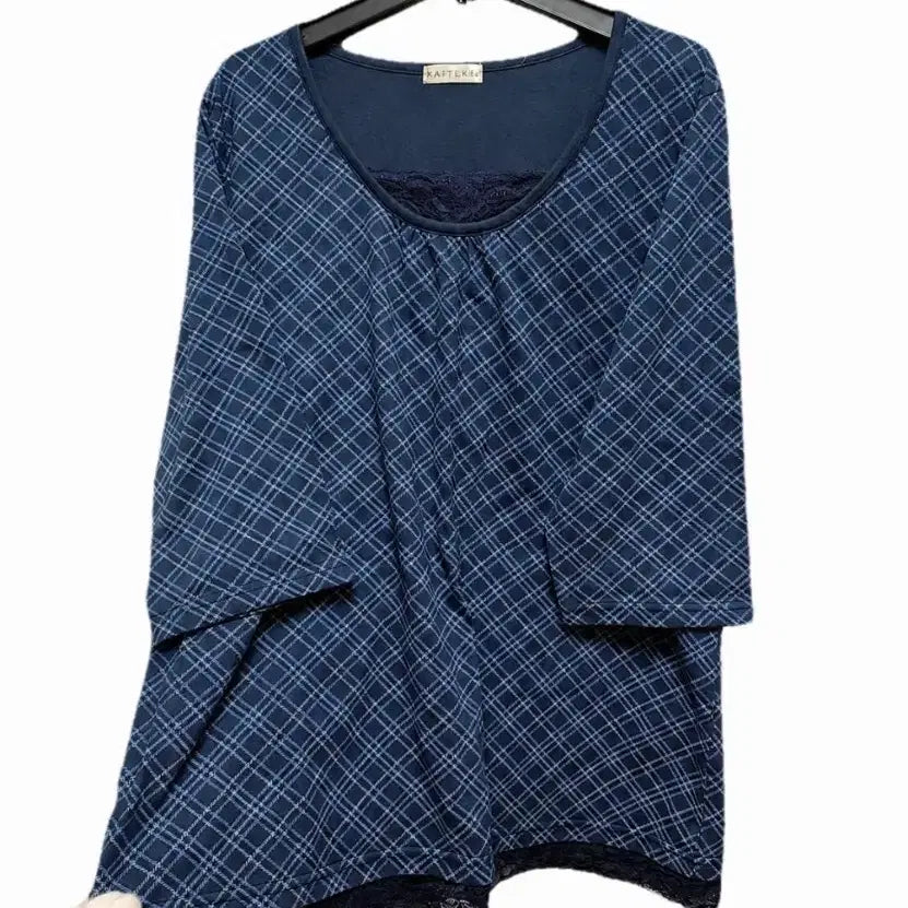 [BUNJANG] Navy Check Lace Layered Dress / 모리걸 네이비 체크 레이스 레이어드 원피스