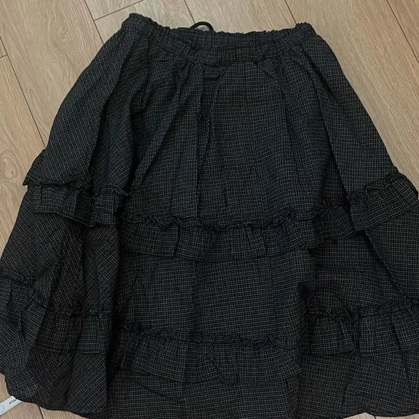 [BUNJANG] Vintage Check Tiered Midi Skirt Black / 빈티지 체크 캉캉 미디 스커트 블랙