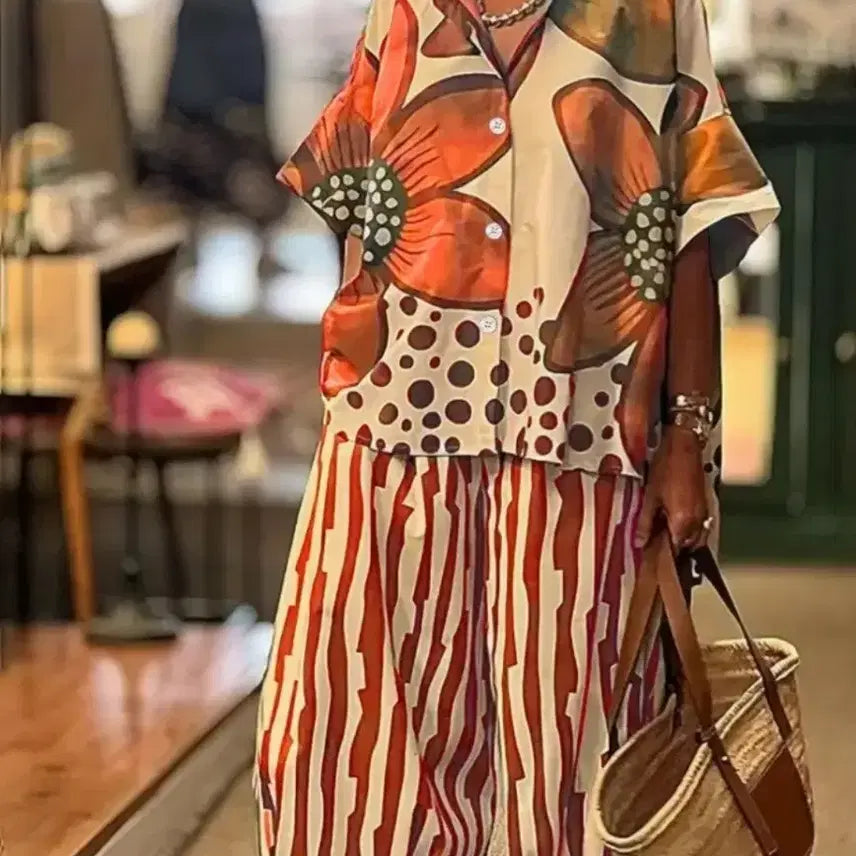 [BUNJANG] Flower Print Shirt + Stripe Wide Pants Set / 플라워 프린트 셔츠 + 스트라이프 와이드 팬츠