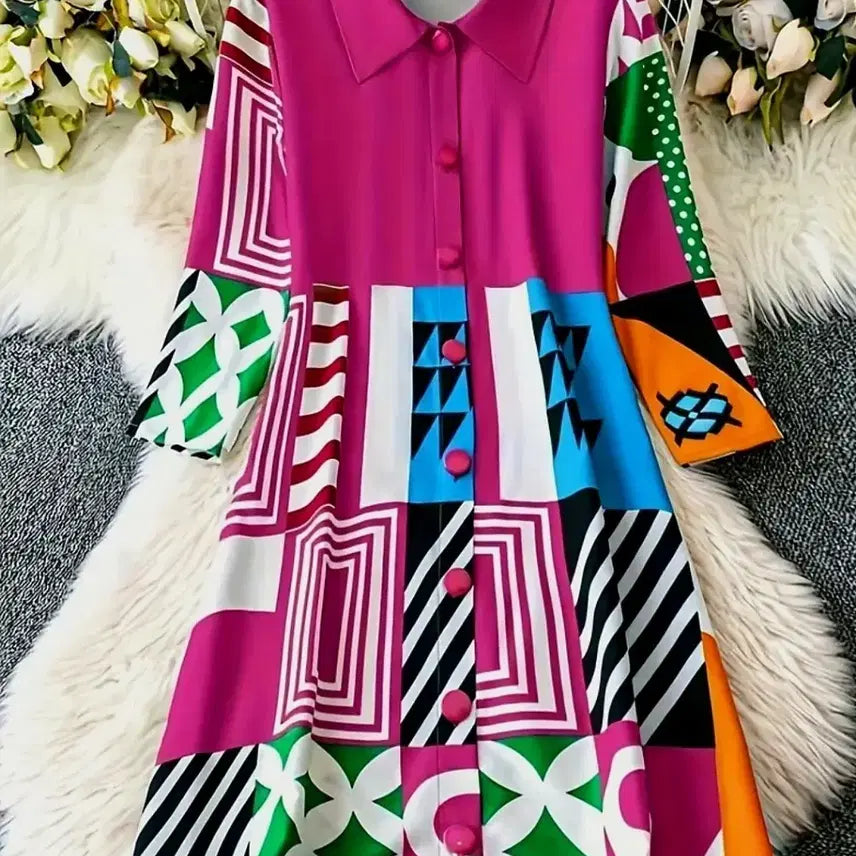[BUNJANG] Geometric Pattern Midi Dress Shirt / 화려한 패턴 미디움 원피스 셔츠형