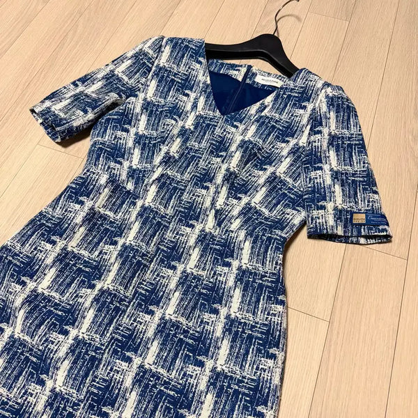 [BUNJANG] MOJO.S. PINE Italian Material Tweed Short Sleeve Dress Blue V-Neck / 모조에스핀 59.9만 이태리소재 트위드 반팔원피스 블루 브이넥 하객룩 정장 h라인