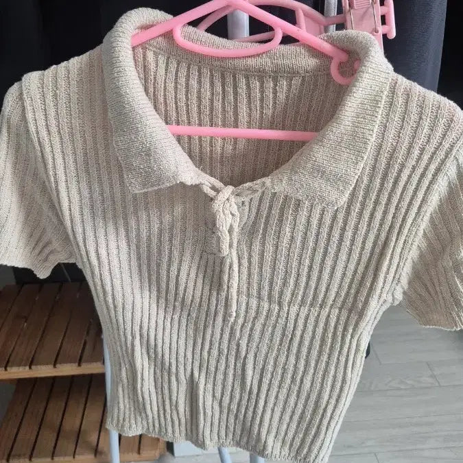[BUNJANG] Beige Ribbed Collar Knit Short Sleeve T-Shirt / 베이지카라넥 니트 반팔티