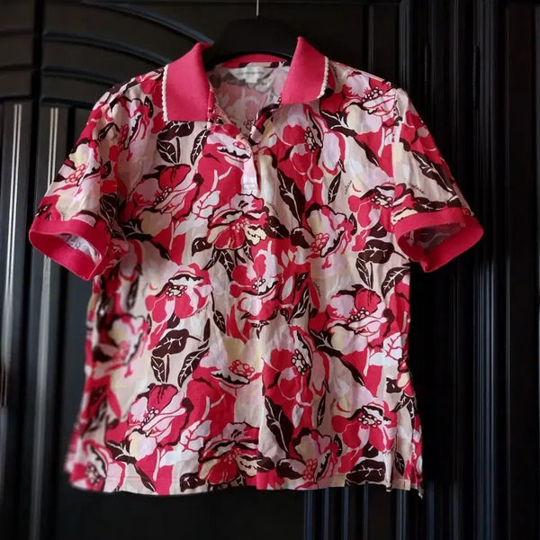[BUNJANG] Flower Pattern Short-Sleeve Polo T-Shirt / 플라워 패턴 반팔 카라 티셔츠