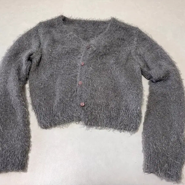 [BUNJANG] Angora Cropped Cardigan - Grey / 회색 앙고라 크롭 가디건