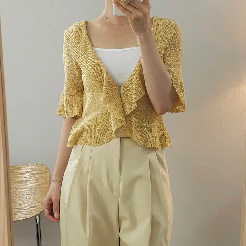 [BUNJANG] SOUP Women's 7-Sleeve Ruffle Collar Cardigan Gold G6W3529 / (95)SOUP 여성 7부 가디건 러플 프릴 카라넥 골드 G6W3529