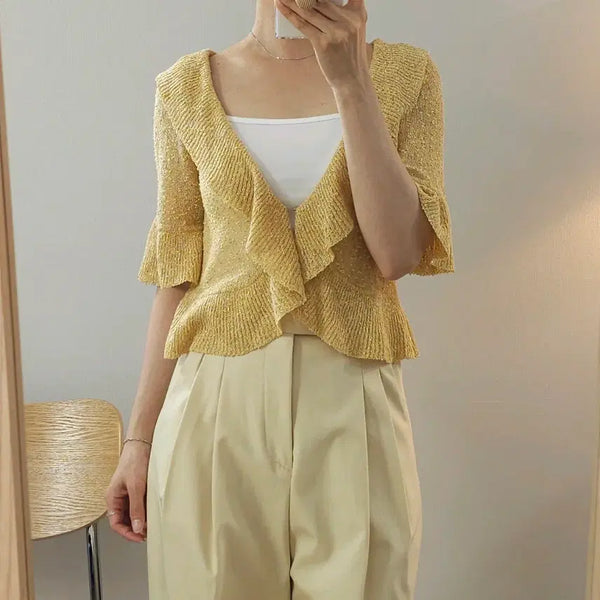 [BUNJANG] SOUP Women's 7-Sleeve Ruffle Collar Cardigan Gold G6W3529 / (95)SOUP 여성 7부 가디건 러플 프릴 카라넥 골드 G6W3529