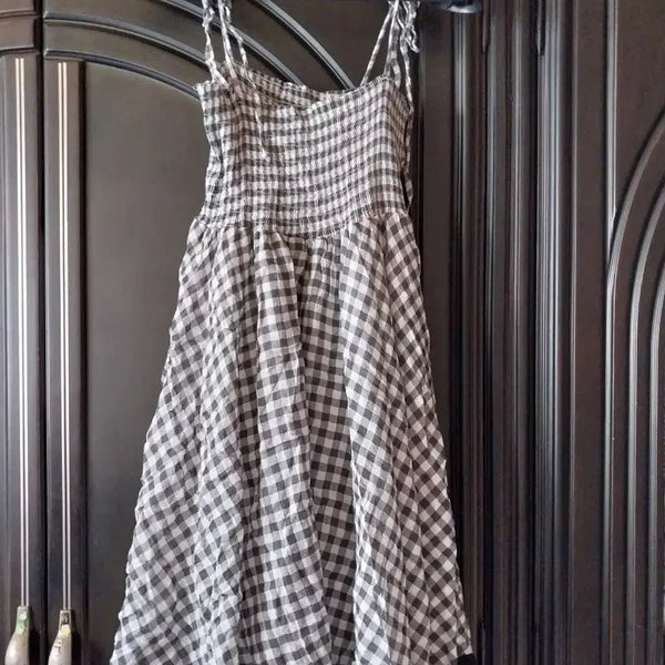 [BUNJANG] Gingham Check Strap Long Dress with Lace Trim / 깅엄체크 끈나시 롱 원피스 레이스
