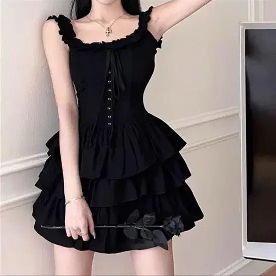 [BUNJANG] Black Corset Ruffle Mini Dress / 블랙 코르셋 캉캉 미니 원피스