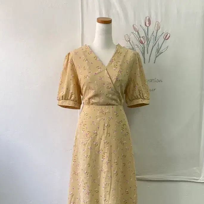 [BUNJANG] Vintage Floral Wrap Long Puff Sleeve Dress / 빈티지 플라워 패턴 랩 스타일 롱 퍼프소매 원피스