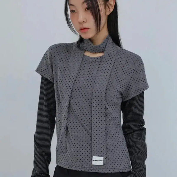 [BUNJANG] Chics Dot Layered T-shirt Charcoal + Dot Scarf Charcoal / 칙스 도트 레이어드 티 차콜+도트 스카프 차콜