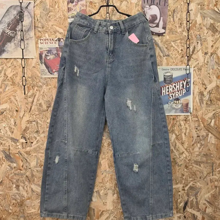 [BUNJANG] New Arrival Damage Washing Curve Wide Denim Pants (L) / 새상품 ) 데미지 워싱 커브 와이드 데님 팬츠 L