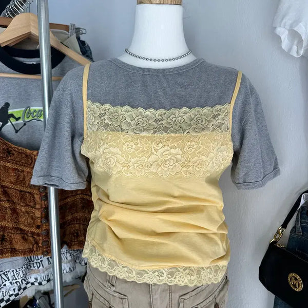 [BUNJANG] Vintage Yellow Lace Sleeveless Top / JPN 빈티지 옐로우 레이스 슬리브리스L